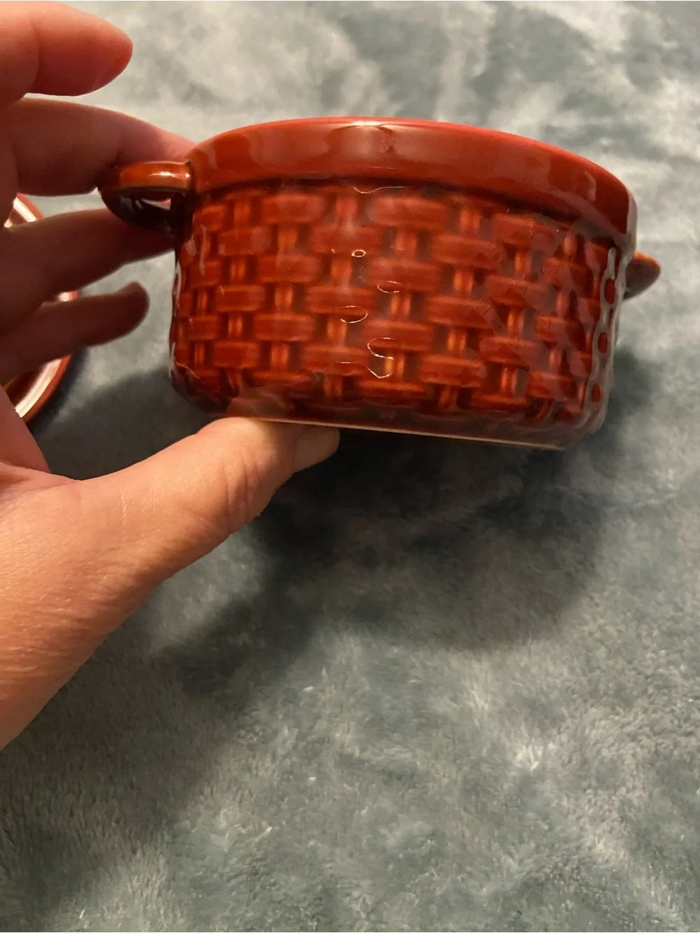 Pier 1 Red Ceramic Lidded Casserole with Woven Texture